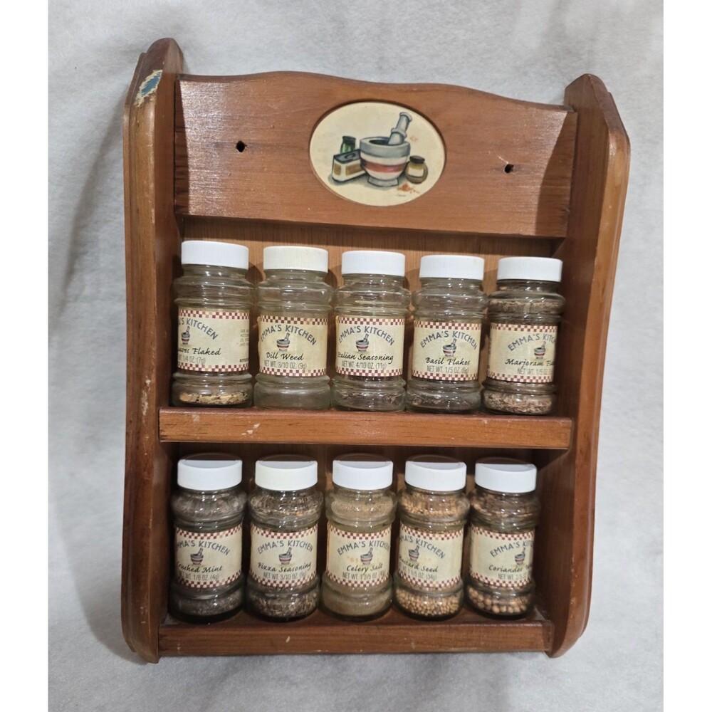 Vintage Emma's Kitchen Wooden Spice Rack 2 Tier Wall Mount 10 Glass Jars MCM